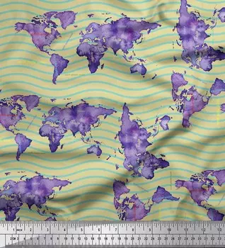 Soimoi Бежевый японский креп-сатин с волнами и принтом карты мира, швейная ткань, метр 42 дюйма 42 Inch Wide - Poly Crepe бежевый