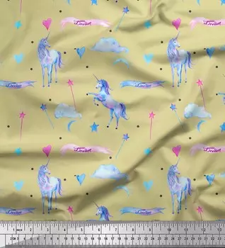 Soimoi, бежевый японский креп-сатин, ткань для шитья с облаками и единорогами и животным принтом, метр 42 дюйма 42 Inch Wide - Poly Crepe бежевый