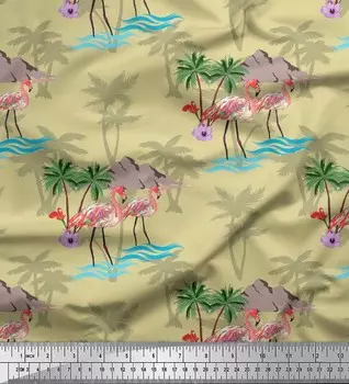 Soimoi, бежевый японский креп-сатин, ткань для шитья с изображением пальмы и фламинго и птицы, метр 42 дюйма 42 Inch Wide - Poly Crepe бежевый