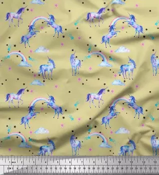 Soimoi Бежевый японский креп-сатин Ткань с единорогом и радужным принтом на натуральной ткани по метрам 42 дюйма 42 Inch Wide - Poly Crepe бежевый