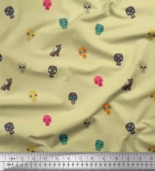 Soimoi Бежевый японский креп-сатин Ткань с принтом черепа и кошки в этническом стиле, 42 дюйма по метрам 42 Inch Wide - Poly Crepe бежевый