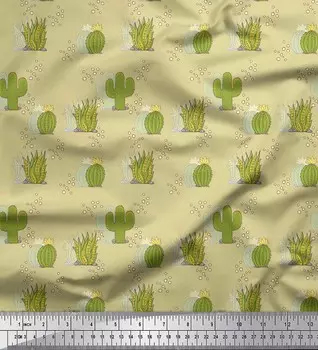 Soimoi Бежевый японский креп-сатин Ткань с принтом морских растений и кактусов 1 метр 42 дюйма 42 Inch Wide - Poly Crepe бежевый