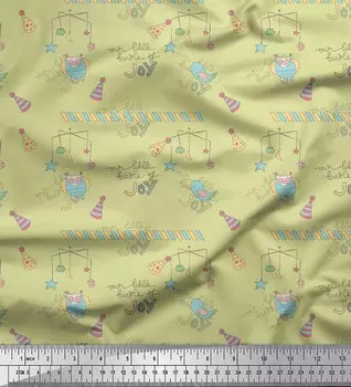 Soimoi Бежевый японский креп-сатин Ткань с принтом для детей с текстом и птицами, 42 дюйма по метрам 42 Inch Wide - Cotton Voile бежевый