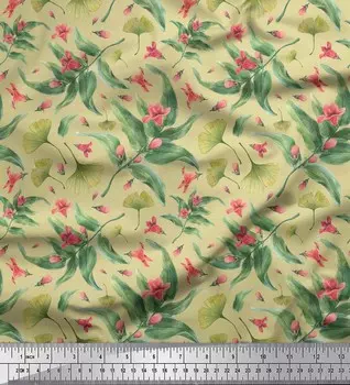 Soimoi Бежевый японский креп-сатин Ткань с листьями и азалией с цветочным принтом 1 метр 42 дюйма 42 Inch Wide - Cotton Voile бежевый