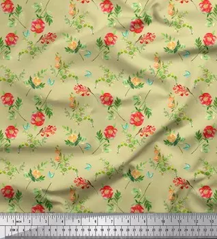 Soimoi Бежевый японский креп-сатин Ткань с листьями и пионами с цветочным принтом на метр 42 дюйма 42 Inch Wide - Cotton Voile бежевый