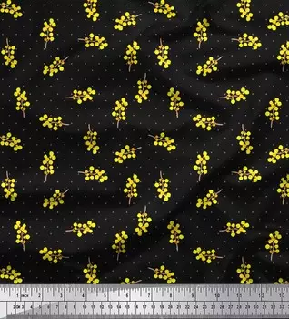 Soimoi Black Japan Crepe Satin Fabric acacia Dealbata & Dots Print Fabric на метр 42 дюйма 42 Inch Wide - Poly Crepe чёрный
