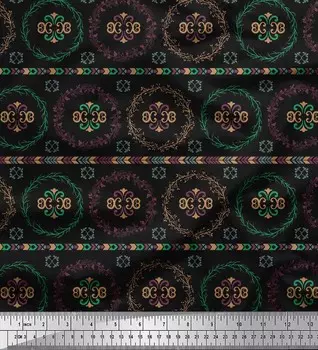 Soimoi Black Japan Crepe Satin Fabric Damask & Wreath Этническая ткань с принтом на метр 42 дюйма 42 Inch Wide - Poly Crepe чёрный