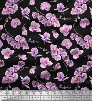 Soimoi Black Japan Crepe Satin Ткань Блюдце Магнолия Цветочный принт Ткань на метр 42 дюйма 42 Inch Wide - Poly Crepe зелёный