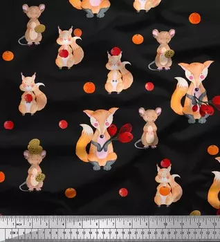 Soimoi Black Japan Crepe Satin Ткань для детей с принтом Fox & Bunny на метр 42 дюйма 42 Inch Wide - Poly Crepe чёрный