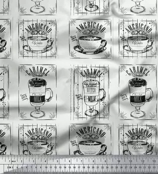 Soimoi Black Japan Crepe Satin Ткань Карамель и американо Кофейные напитки Набивная ткань 1 метр 42 дюйма 42 Inch Wide - Poly Crepe синий