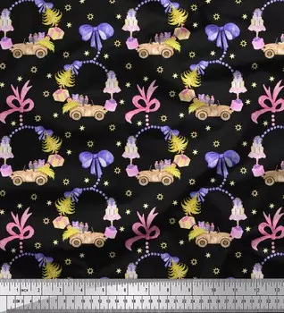 Soimoi Black Japan Crepe Satin Ткань Рождественская елка, девушка и подарочная коробка Декор для вечеринки Ткань с принтом метр 42 дюйма 42 Inch Wide - Poly Crepe красный