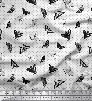 Soimoi Black Japan Crepe Satin Ткань с принтом в горошек и бабочки на метр 42 дюйма 42 Inch Wide - Poly Crepe чёрный