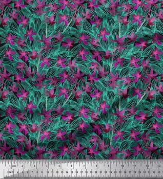 Soimoi Black Japan Crepe Satin Ткань с акварельным принтом с цветами и листьями на метр 42 дюйма 42 Inch Wide - Poly Crepe чёрный