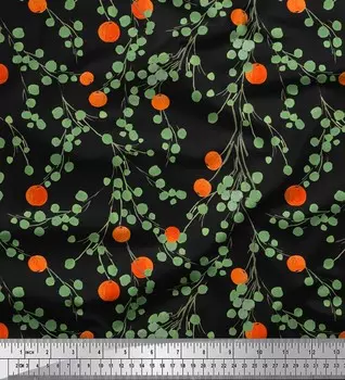 Soimoi Black Japan Crepe Satin Ткань с принтом листьев и апельсиновых фруктов на метр 42 дюйма 42 Inch Wide - Poly Crepe чёрный