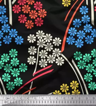 Soimoi Black Japan Crepe Satin Ткань с художественным цветочным принтом Ткань на метр 42 дюйма 42 Inch Wide - Poly Crepe зелёный