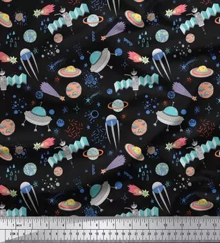 Soimoi Black Japan Crepe Satin Ткань Спутник и планета Galaxy Декор Ткань с принтом метр 42 дюйма 42 Inch Wide - Poly Crepe чёрный