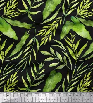 Soimoi Black Japan Креп Атласная Ткань Антуриум и листья ясеня Набивная ткань 1 метр 42 дюйма 42 Inch Wide - Cotton Voile чёрный