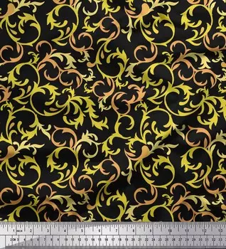 Soimoi Black Japan Креп Атласная ткань Художественные листья Ткань с принтом на метр 42 дюйма 42 Inch Wide - Poly Crepe синий