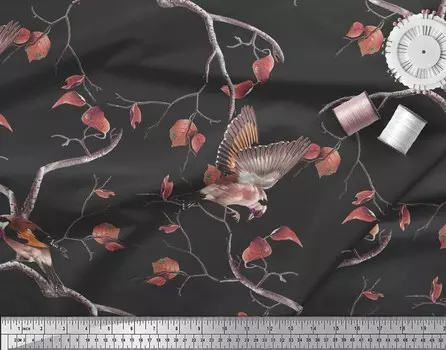 Soimoi Black Poly Crepe Fabric Dry Leaves & American Goldfinch Bird Print Fabric by The Yard 42 Inch 42 Inch Wide - Poly Crepe чёрный