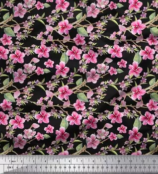 Soimoi Black Poly Crepe Fabric Листья и цветы с цветочным принтом Ткань в ярдах 42 дюйма 42 Inch Wide - Poly Crepe чёрный