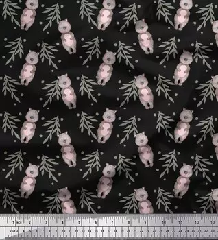 Soimoi Black Poly Crepe Fabric Teddy Bear & Leaves Kids Печатная ткань 1 метр 42 дюйма 42 Inch Wide - Poly Crepe чёрный