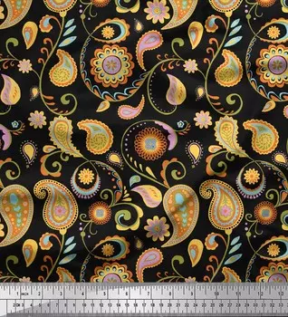 Soimoi Black Poly Crepe Fabric Ткань с принтом мандалы и пейсли в ярдах 42 дюйма 42 Inch Wide - Poly Crepe чёрный