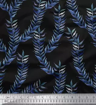 Soimoi Black Poly Crepe Ткань с принтом лавровых листьев в ярдах 42 дюйма 42 Inch Wide - Poly Crepe чёрный