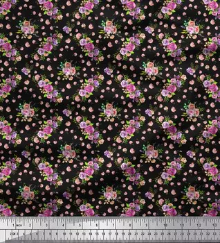 Soimoi Черная креповая ткань из полиэстера с розовым и цветочным принтом в ярдах, 42 дюйма 42 Inch Wide - Poly Crepe чёрный