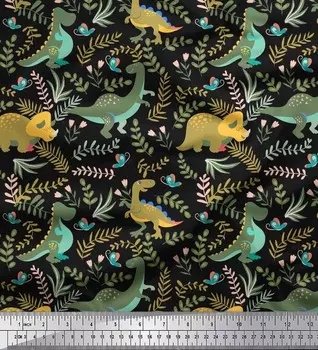 Soimoi Black Япония Креп Атласная Ткань Динозавр & Листья Секвойи Ткань Принты По метру 42 дюйма 42 Inch Wide - Poly Crepe чёрный
