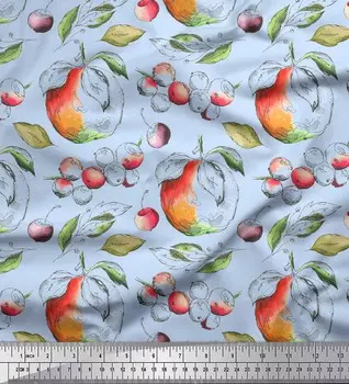 Soimoi Blue Japan Crepe Satin Fabric & Berries Fruit Printed Fabric 1 метр 42 дюйма 42 Inch Wide - Poly Crepe синий