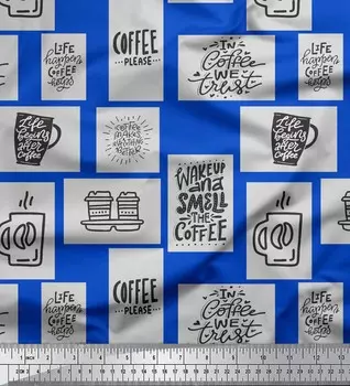 Soimoi Blue Japan Crepe Satin Fabric Coffee Please Text Print Ткань на метр 42 дюйма 42 Inch Wide - Poly Crepe синий