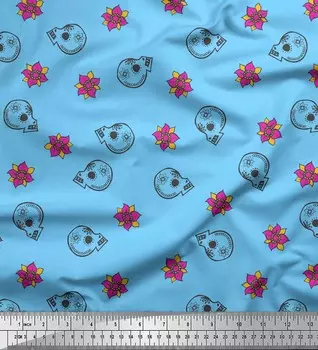 Soimoi Blue Japan Crepe Satin Fabric Цветочные и племенные принты черепа на метр 42 дюйма 42 Inch Wide - Poly Crepe синий
