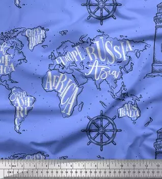 Soimoi Blue Japan Crepe Satin Fabric Direction Compass & Lighthouse Map Ткань с принтом на метр 42 дюйма 42 Inch Wide - Poly Crepe синий