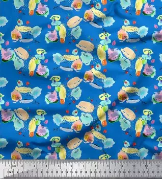 Soimoi Blue Japan Crepe Satin Fabric Fruit & Cookies Food Print Ткань на метр 42 дюйма 42 Inch Wide - Poly Crepe синий