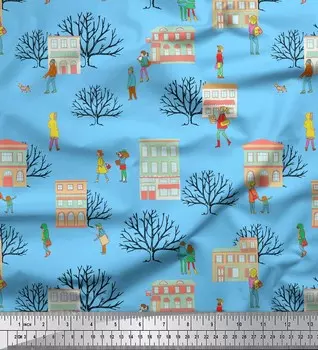 Soimoi Синяя японская креп-сатиновая ткань с принтом «Дом, дерево и люди» на зимнюю тему, 1 метр 42 дюйма 42 Inch Wide - Poly Crepe синий