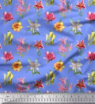 Soimoi Blue Japan креп-атласная ткань с цветочным принтом лилии и лотоса, швейная ткань, метр 42 дюйма 42 Inch Wide - Cotton Voile синий