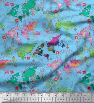 Soimoi Blue Japan Crepe Satin Fabric Stamp & World Map Print Ткань на метр 42 дюйма 42 Inch Wide - Poly Crepe синий
