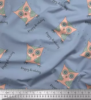 Soimoi Blue Japan Crepe Satin Fabric Text & Owl Cartoon Print Fabric на метр 42 дюйма 42 Inch Wide - Poly Crepe синий