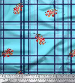Soimoi Blue Japan Crepe Satin Fabric Watercolor Flower & Check Print Fabric by the metre 42 Inch 42 Inch Wide - Poly Crepe синий