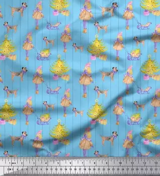 Soimoi Blue Japan Crepe Satin Fabric Women, Gift Box & Tree Christmas Print Fabric на метр 42 дюйма 42 Inch Wide - Poly Crepe синий