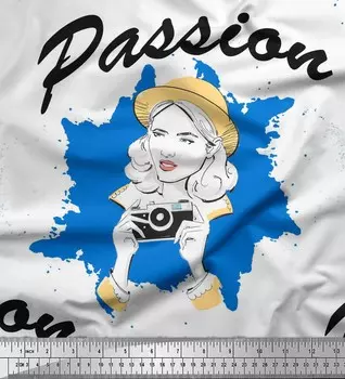 Soimoi Blue Japan Crepe Satin Fabric Women & Camera Holiday Print Ткань на метр 42 дюйма 42 Inch Wide - Poly Crepe синий