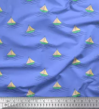 Soimoi Blue Japan Crepe Satin Fabric Yacht & Waves Морской принт Ткань на метр 42 дюйма 42 Inch Wide - Poly Crepe зелёный
