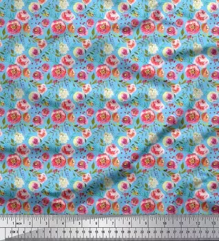 Soimoi Blue Japan Crepe Satin Ткань Цветы и листья Акварельный декор Ткань Печатный метр 42 дюйма 42 Inch Wide - Cotton Voile синий