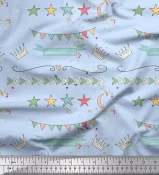 Soimoi Blue Japan Crepe Satin Ткань для рукоделия с принтом Welcome Little One Kids на метр 42 дюйма 42 Inch Wide - Cotton Voile синий