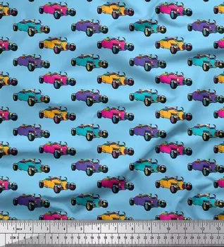 Soimoi Blue Japan Crepe Satin Ткань Красочные автомобили Транспорт Декор Ткань Печатный метр 42 дюйма 42 Inch Wide - Poly Crepe синий