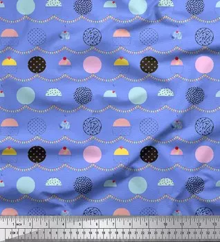 Soimoi Blue Japan Crepe Satin Ткань Печенье и кексы Пищевой принт Швейная ткань метр 42 дюйма 42 Inch Wide - Poly Crepe синий