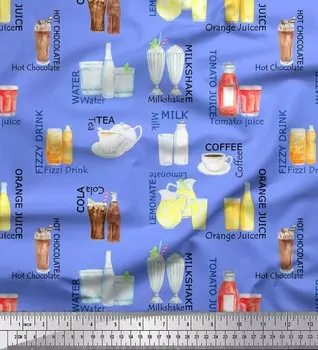 Soimoi Blue Japan Crepe Satin Ткань с текстовым принтом и безалкогольными напитками для вечеринок на метр 42 дюйма 42 Inch Wide - Poly Crepe синий