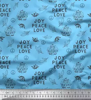 Soimoi Blue Japan Crepe Satin Ткань с листьями падуба и ткань с текстовым принтом 1 метр 42 дюйма 42 Inch Wide - Poly Crepe синий