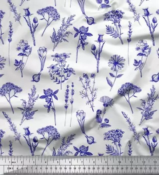 Soimoi Blue Japan Crepe Satin Ткань с цветочным принтом листьев и примулы на метр 42 дюйма 42 Inch Wide - Cotton Voile синий