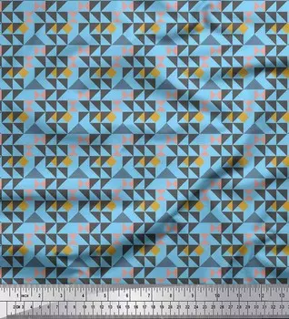 Soimoi Blue Japan Crepe Satin Ткань с ромбовидными и треугольными геометрическими принтами на метр 42 дюйма 42 Inch Wide - Poly Crepe синий